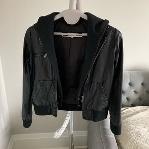 Line brand leather bomber jacket w/ removable hood